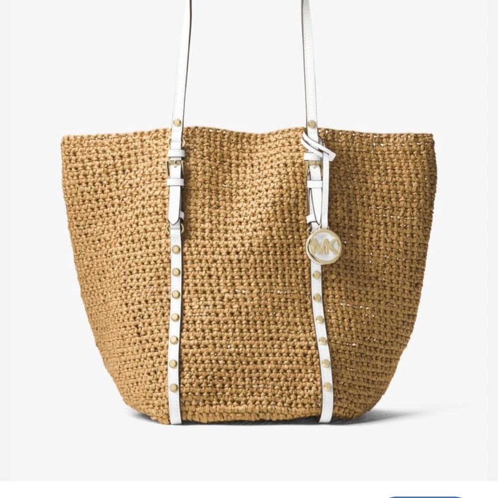 Michael Kors Tan Woven Straw Tote with White Leather Trim